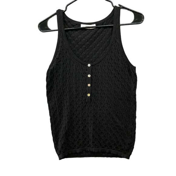 Zara Knit Tank Top Womens M Henley Black Scoop Neck Open Knit Stretch Semi Sheer - Picture 1 of 7